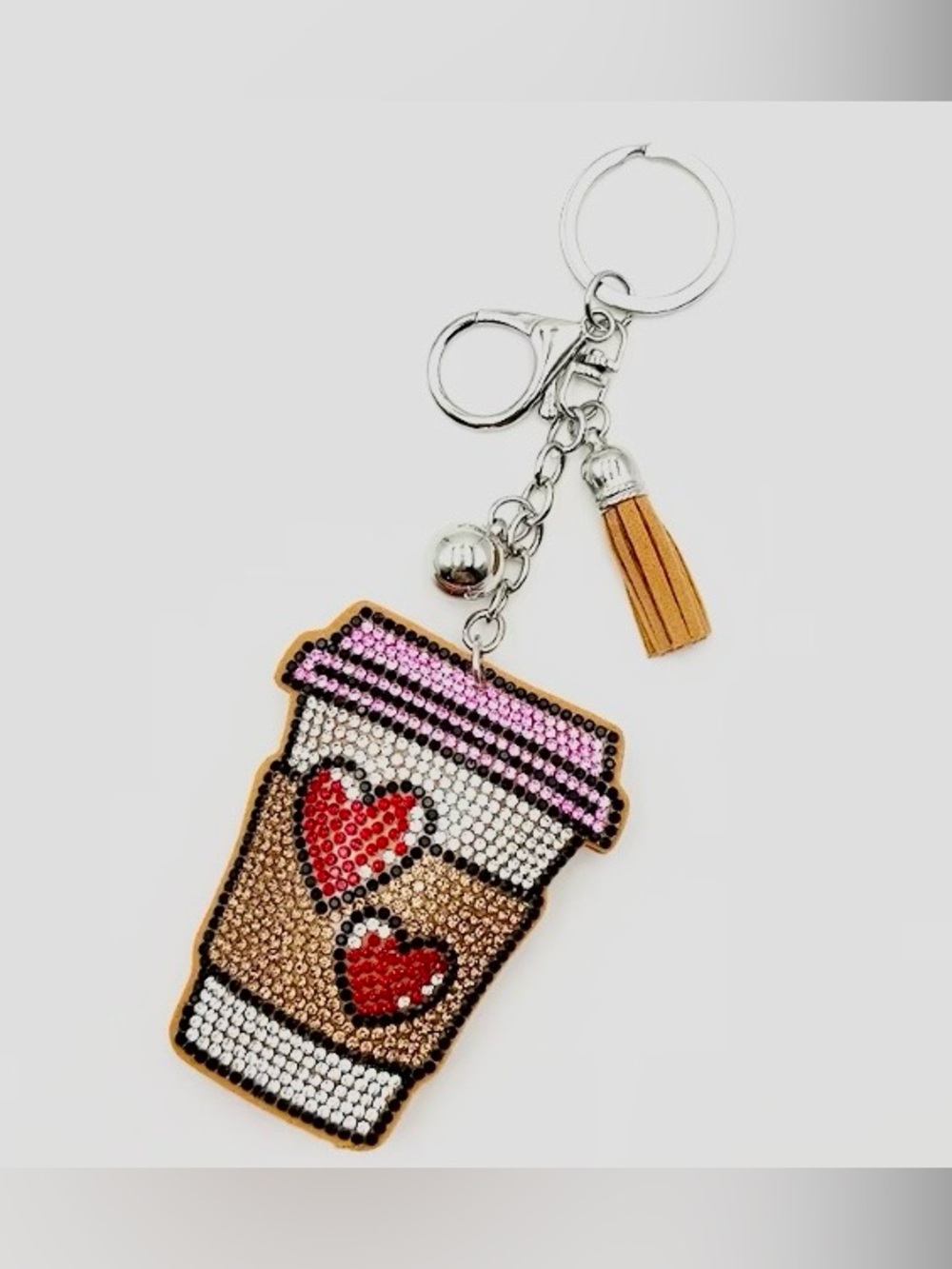 $42.00- Red Hearts Crystal Coffee Cup Tassel Bag Charm Keychain